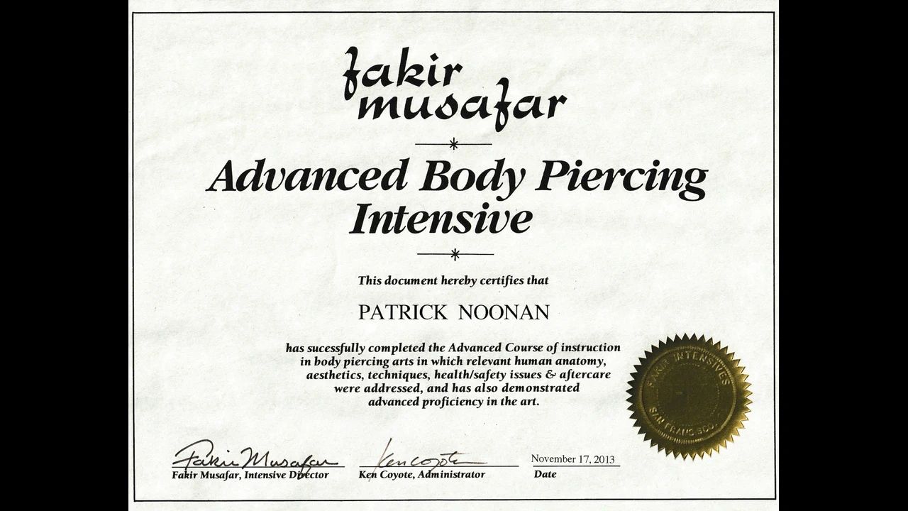 Fakir Musafar Advanced Body Piercing Intensive certificate — Patrick Noonan, 2013